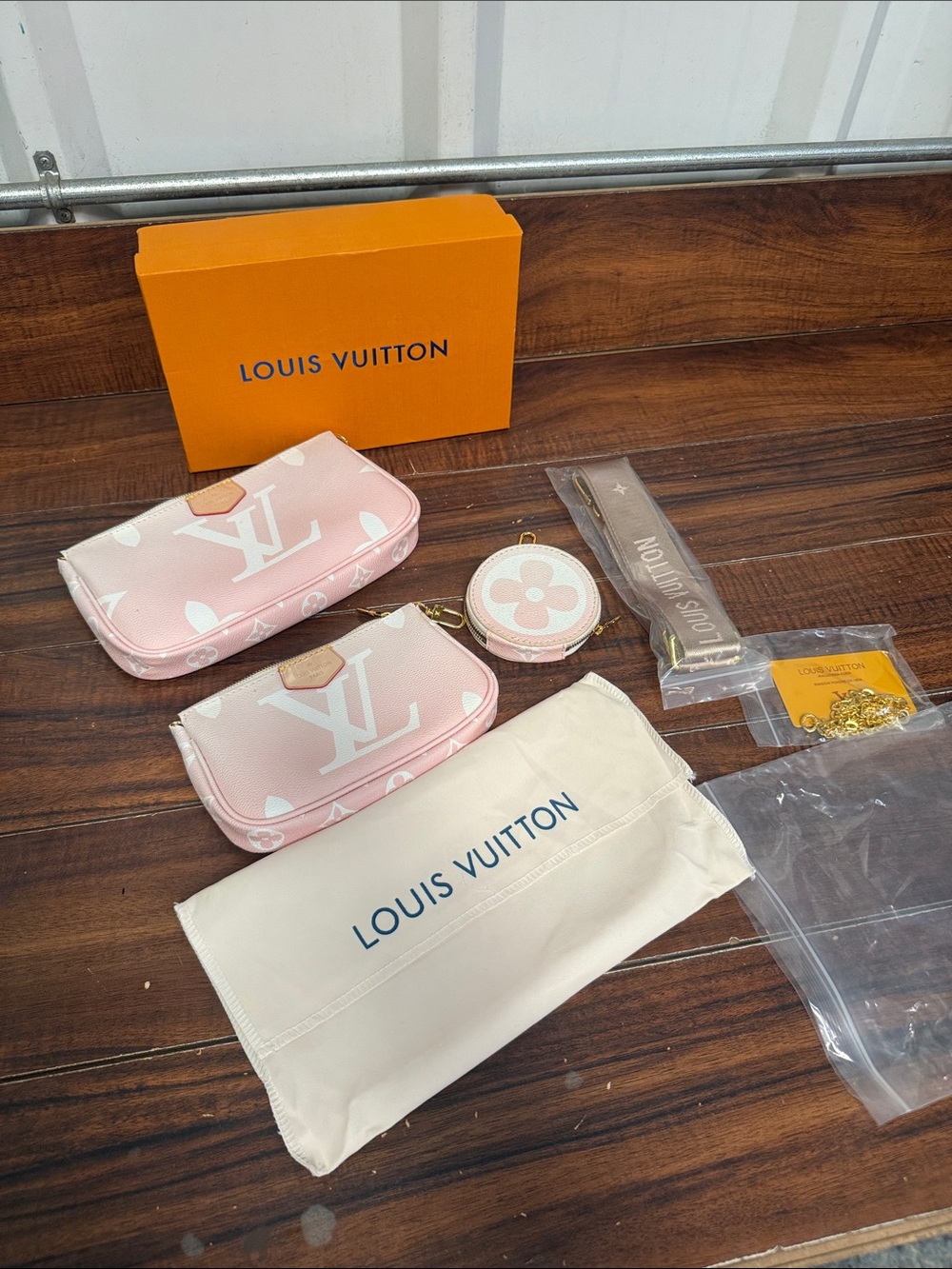 Louis Vuitton Pink Monogram Pouch Set with Coin Case and Strap